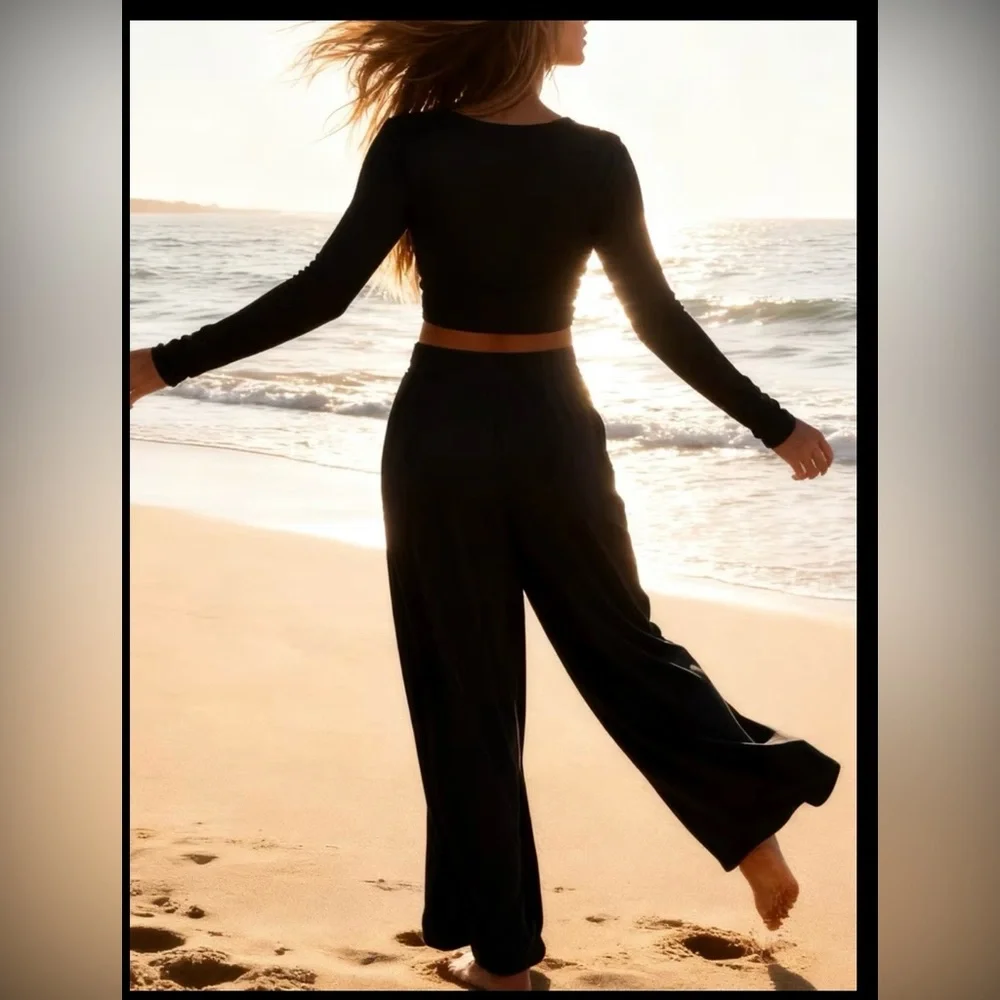 Elegant Black 2 Piece Outfit Long Sleeve, High Wait Wide Leg Pants - Picture 4 of 8